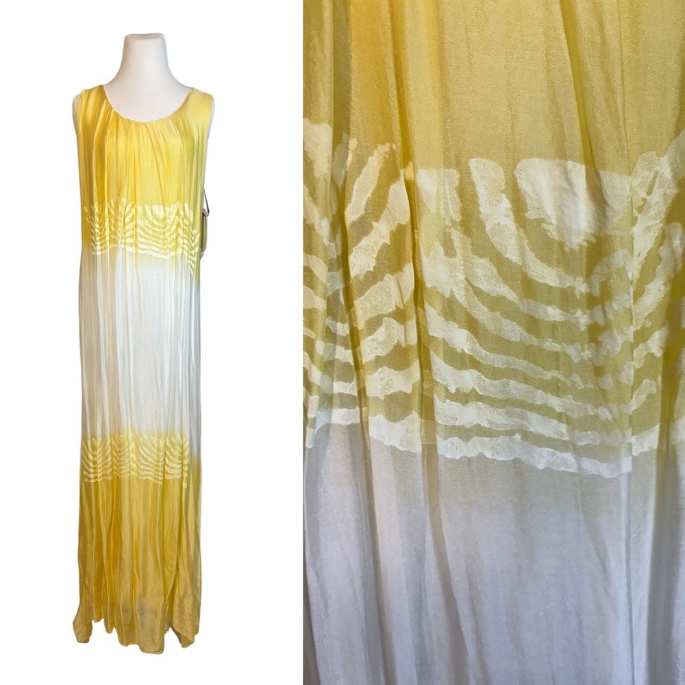 NWT From Santorini, GRC Yellow White Silk Blend Lined Maxi Tank Shift Dress- M